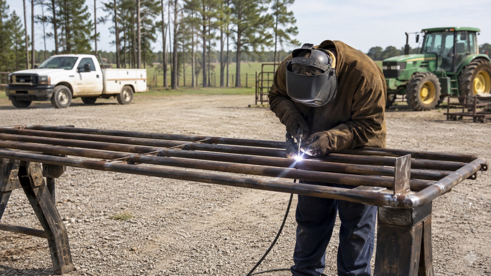 Illustrative welder fixing a steel gate in a rural work yard