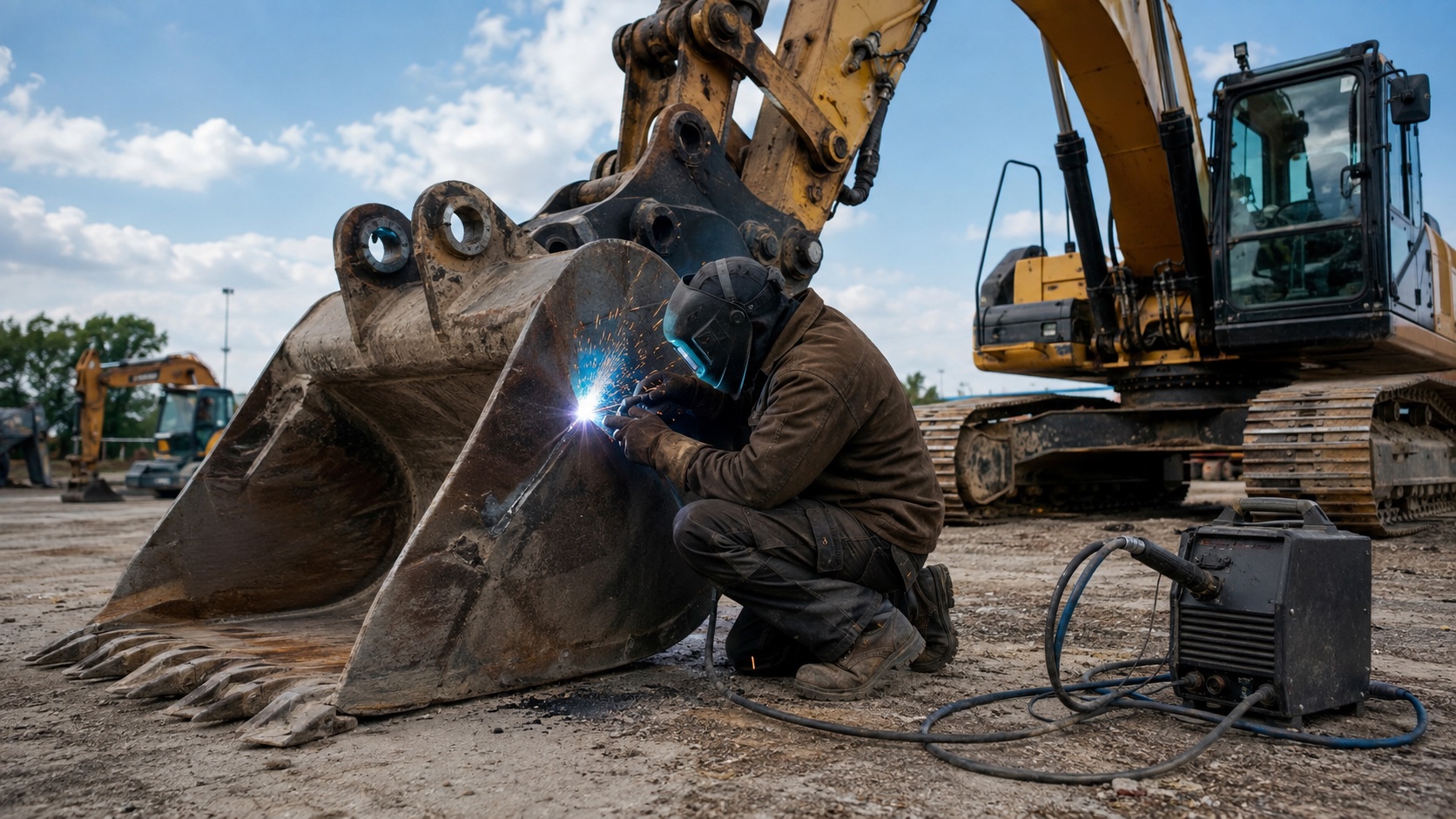 Illustrative welder repairing an excavator bucket at an equipment yard