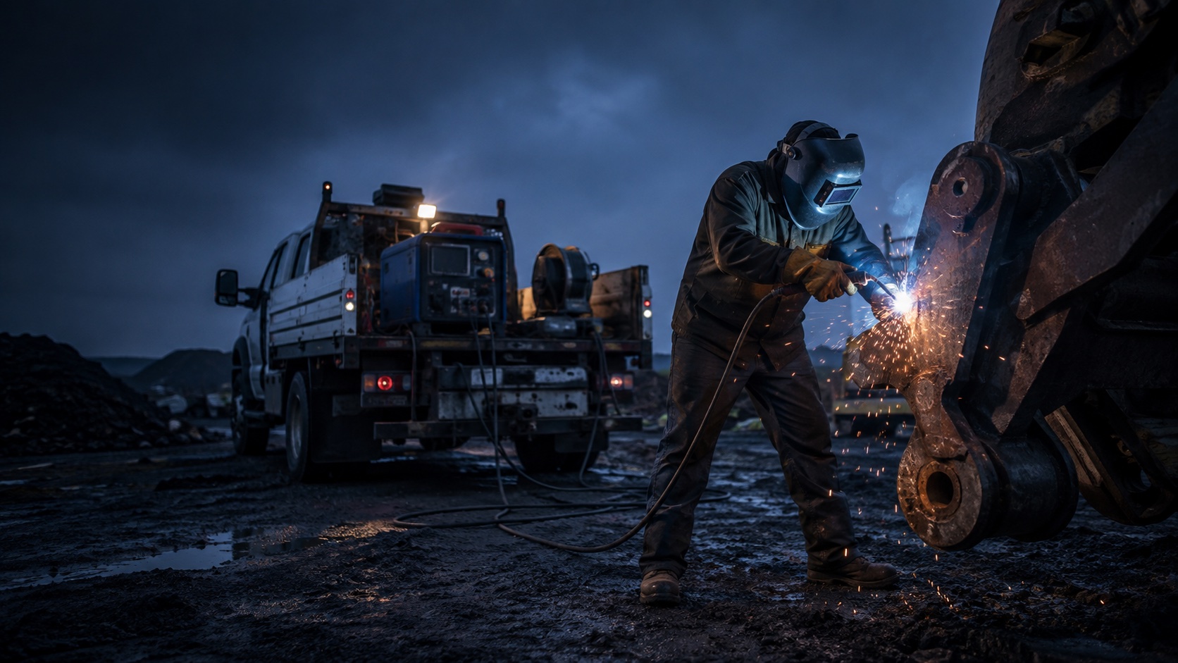 Illustrative mobile welder in protective equipment working beside a welding service truck
