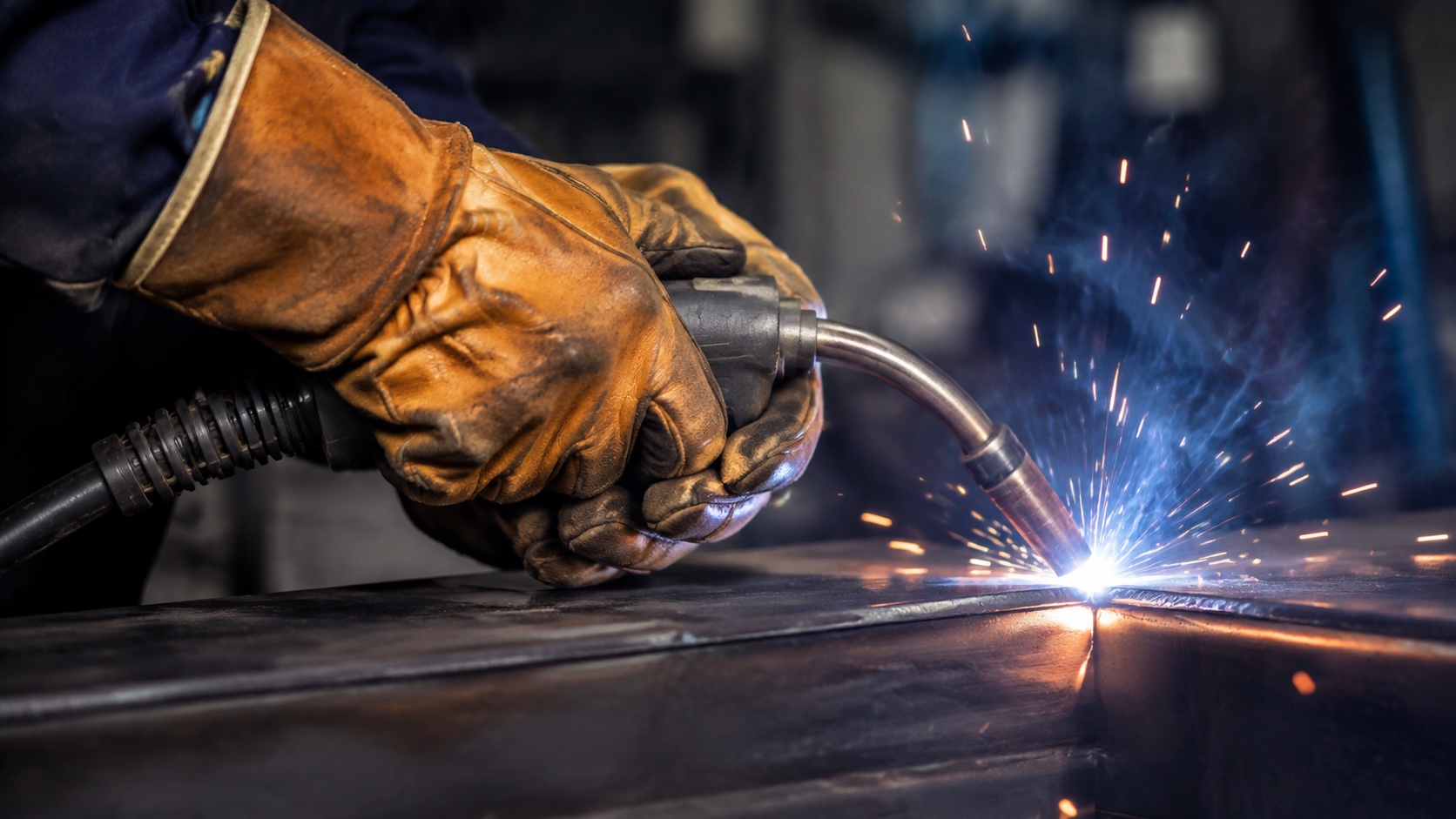 Illustrative close view of a welding torch joining steel with protective gloves